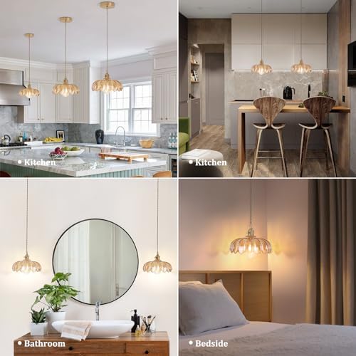 Shenmoyl Pendant Light with Amber Scindapsus Glass Lmapshade, Brass Vintage Pendant Light Adjustable Hanging Light for Kitchen Island Dining Room Hallway - Image 3