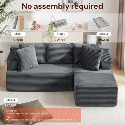 Korser Boneless Couches for Living Room, Cloud Couch Sectional with Ottoman, L-Shaped Sofa with Fluffy Comfy Corduroy Deep Seat, Bedroom, Apartment, No Assembly Required - Image 6