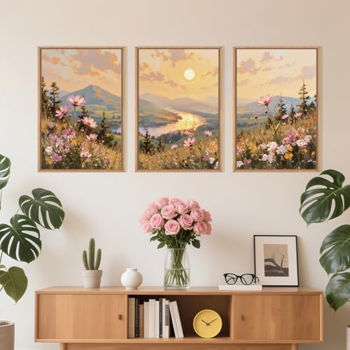 LHIUEM Large Boho Sunset Wildflower Framed Canvas Wall Art,Nature Pink Flower Wall Decor,Blossom Botanical Mountain Landscape Artwork for Living Room,Bedroom,Dining Room,Office -16"x24"x3 - Image 4