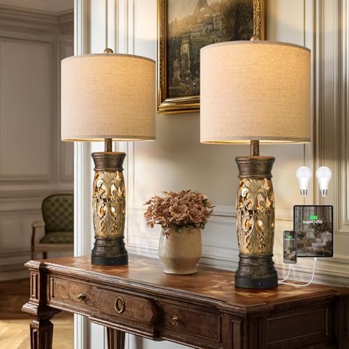 27.25" Antique Gold Table Lamps with Night Light, Bedside Lamps Set of 2 by BOBOMOMO