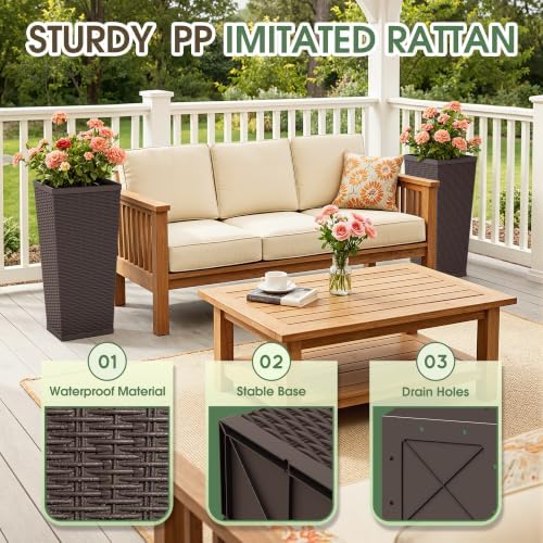 30 Inch Tall Plastic Planters(Set of 2) with Drainage Holes, Brown - Image 5