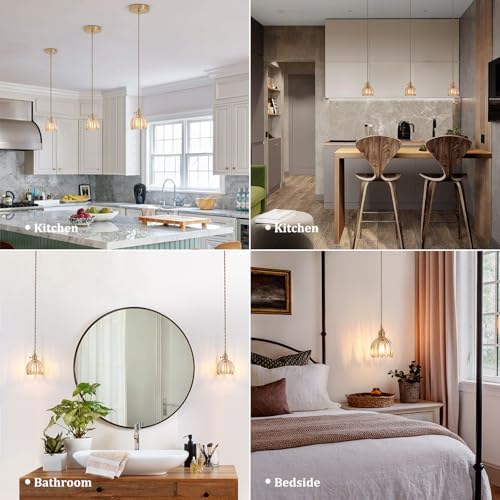 Shenmoyl Pendant Light with Amber Tulip Glass Lmapshade, Brass Vintage Pendant Light Adjustable Hanging Light for Kitchen Island Dining Room Hallway - Image 2
