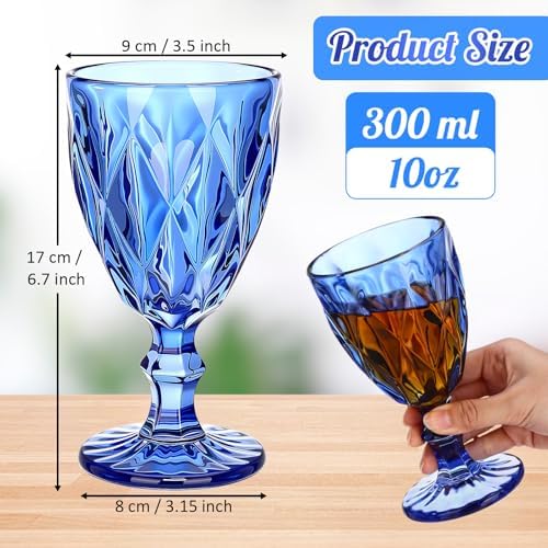 Yinder Glass Goblet Vintage Wine Goblet Embossed Glassware 10 oz Solid Color Glass Stemmed Cups for Iced Tea Beverage Soda Juice Water Liquor and Party Wedding Bars Restaurants (Blue,12 Pack) - Image 2
