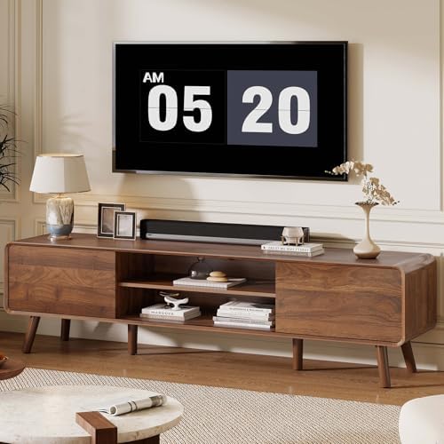 Nasonet 70" Mid Century Modern TV Stand for Tvs up to 80", Entertainment Center with Storage, Sideboard Media Console for Living Room with 2 Sliding Door/Adjustable Shelves, Walnut by Nasonet