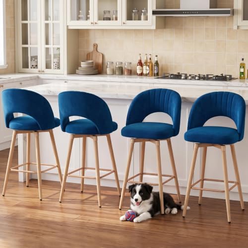 Swivel Bar Stools Set of 4, Counter Height Barstools for Kitchen Island, 26" Seat Height Bar Chairs for Dining Room, Upholstered Bar Stool with Back and Footrest, Blue by KRAMZMINGQualityHome