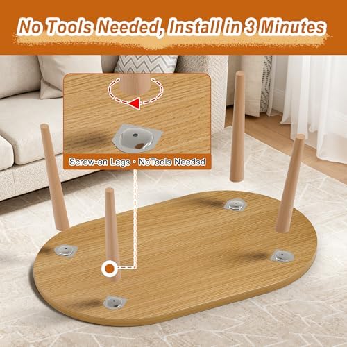 Coffee Table Low Table with Solid Wood Legs, 31.5x19.7" Large Coffee Table Side Table, Floor Table Desk for Sitting on The Floor, Living Room Furniture for Office Apartment Home, Oval Natural - Image 6