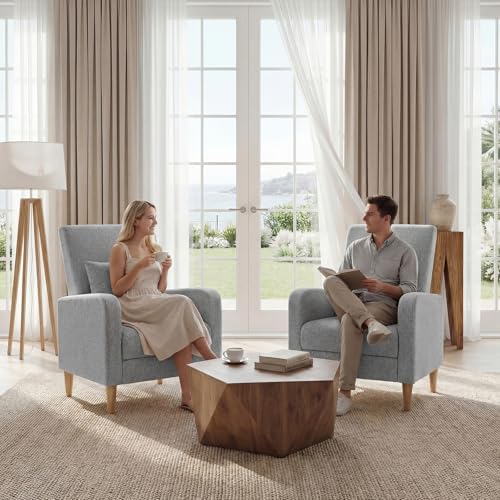 COLAMY Mid-Century Modern Accent Chairs Set of 2, Fabric Upholstered Living Room Chairs with Back Pillow & Solid Wood Legs, Comfy Armchair for Living Room, Bedroom, Single Sofa, Grey - Image 7