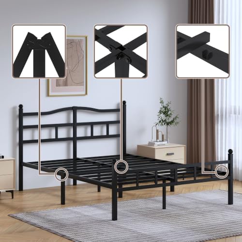 SHOANED 14 Inch Metal Bed Frame - Queen Size Heavy Duty Bedframe with Headboard & Footboard Black Basic Steel Slats Platform No Box Spring Needed/Easy Assembly/Noise Free - Image 4