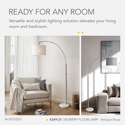 Adesso Floor Lamp, Marble & Off-White Linen, Adjustable, 73.5” - Image 3