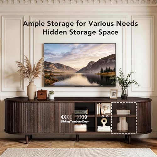 MXV 65" TV Stand with Sliding Doors for Living Room, Mid Century Modern Entertainment Center, TV Console with Fluted Door Cabinets and Power Outlet, Walnut - Image 3