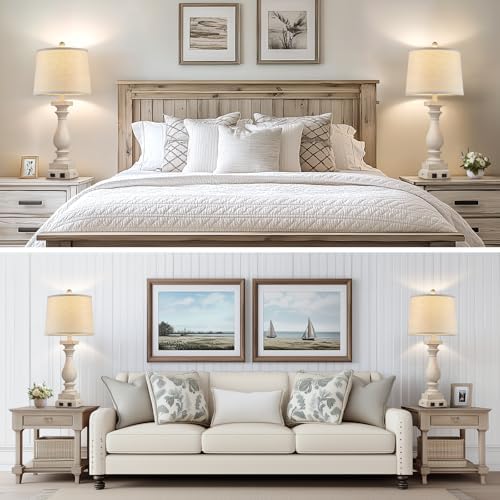 28" Tall Farmhouse Table Lamps with USB C+A Ports and AC Outlet, 3 Way Touch Control Rustic Bedside Lamps for Bedroom, Beige Vintage Nightstand Lamps for Living Room Office - Image 5