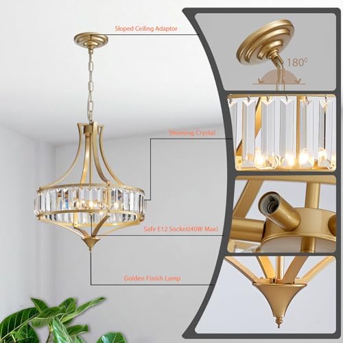 Modern Gold Crystal Chandeliers for Dining Room Pendant 4-Light Rustic Farmhouse Chandelier with Round Metal Lampshade for Living Room Kitchen Island Hallway Bedroom Foyer - Image 4