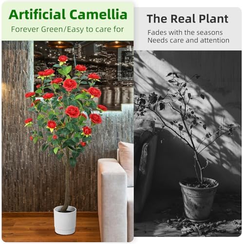 Artificial Camellia Tree 6FT – Faux Plants Indoor, with Easy Assembly, Low Maintenance, Ideal for Both Indoor Decoration and Other Purposes，Perfect Porch Christmas Trees (Red 6ft) - Image 4