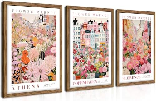 Floral Wall Art Set of 3, Colorful Flower Market Canvas Wall Decor Paintings, Pink Wildflower Botanical Posters Prints Pictures Artwork for Bedroom Living Room 16x24 Inch Wood Framed by fancynewWallArt