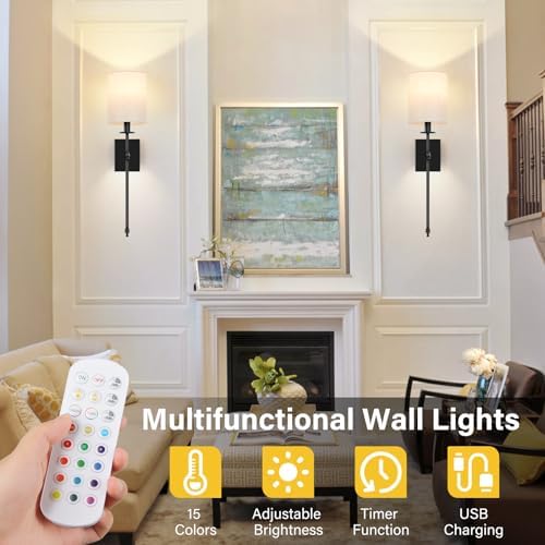 Bosceos 27 inch Battery Operated Wall Sconces Set of 2 with Remote, Rechargeable Wireless Wall Lights with Beige Fabric Shade, Indoor Not Hardwired Dimmable for Bedroom Living Room Decor - Image 6