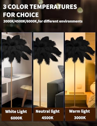 Feather Floor Lamp,Fluffy Ostrich Feather Floor Lamp for Bedroom,3 Color Temperatures Led Corner Modern Floor Lamps for Living Room Christmas Home Decor House Warming Gifts,63″ Height (Black) - Image 3