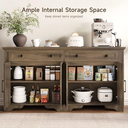 ONBRILL 63" Sideboard Buffet Cabinet, Large Credenza Washed Brown - Image 4