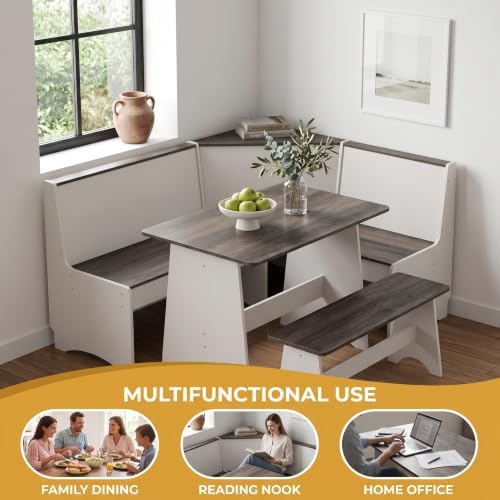 Farmhouse Breakfast Nook Table Set with L-Shaped Corner Bench & Hidden Storage – Space-Saving Dining Set for Small Kitchens, Reversible Bench Seating 3-4, Easy-Clean Waterproof Laminate (White + Gray) - Image 6