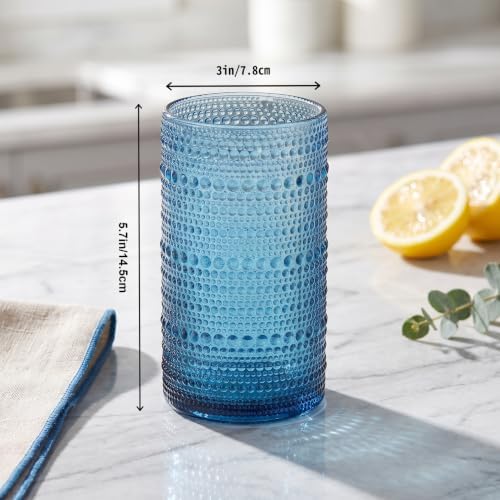 Vintage Hobnail Drinking Glasses Set of 6, 16 oz Large Capacity Embossed BlueTumblers, Highball Glasses for Water, Cocktail, Beer, Whiskey, Kitchen & Bar Use - Image 2