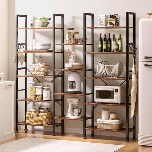 Furologee Triple 5 Tier Bookshelf, Industrial Book Shelf Book Case, Wide Bookcase with 14 Display Shelves for Living Room, Home Office, Rustic Brown - Image 5