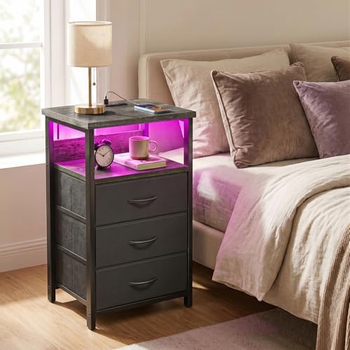 Fixwal Night Stand with 3 Fabric Drawers, Nightstand with Charging Station - Image 2
