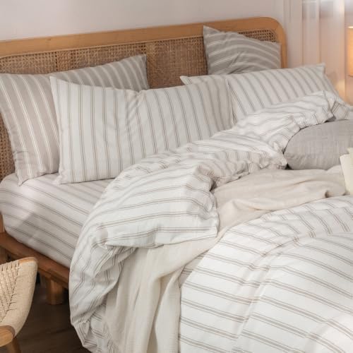 BESTOUCH Striped Cotton Duvet Cover Set Linen Feel Super Queen - Image 2