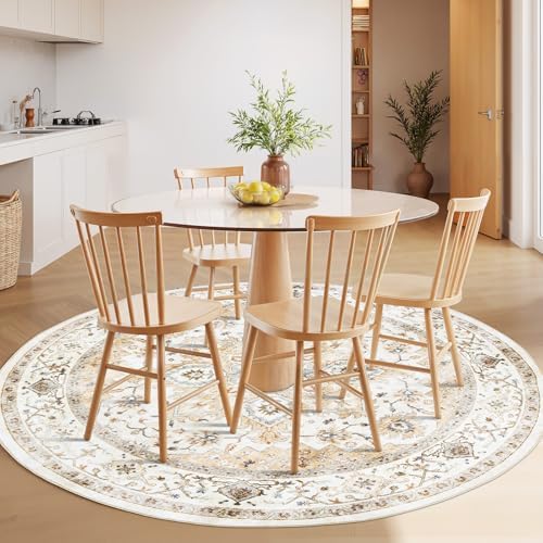 Amada Round 5x5 Washable Area Rug for Living Room, Beige, Vintage Style - Image 3