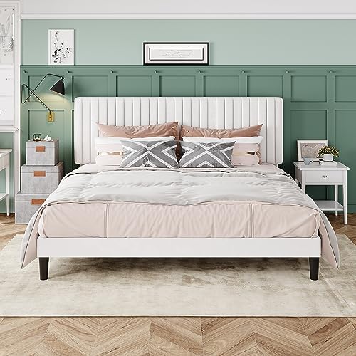 Allewie King Bed Frame, Velvet Upholstered Platform Bed with Adjustable Vertical Channel Tufted Headboard, Mattress Foundation with Strong Wooden Slats, Box Spring Optional, Easy Assembly, Off-White by Allewie