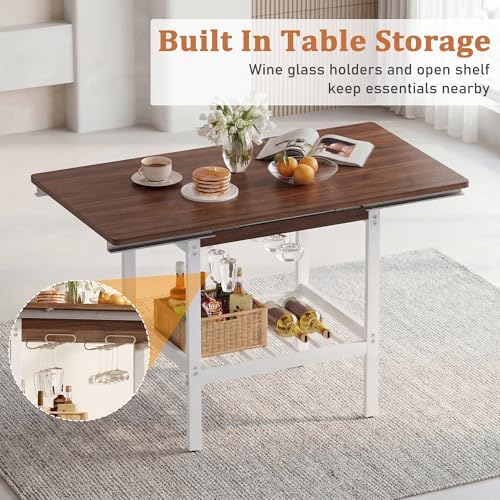 Extendable 6-Piece Breakfast Nook Set with Storage Benches & Stools, Corner Dining Table Set with Wine Glass Holder, Space-Saving Kitchen Table for Indoor/Outdoor Use (Walnut+White Cushion) - Image 5