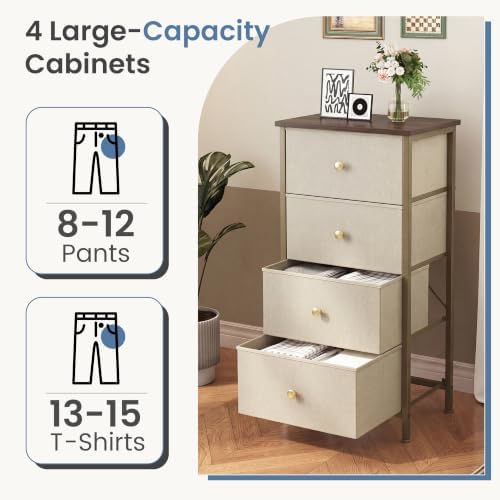 DUMOS Nightstand with 4 Drawers Bedside Table with Removable Fabric Bins Sturdy Steel Frame Wood Top Organizer Furniture for Bedroom Closet Living Room, Tan - Image 3