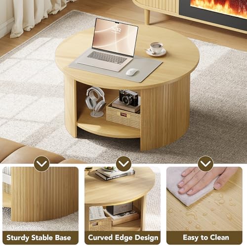 Round Coffee Table with Storage, 31.5" Modern Fluted Center Table, 2-Tier Mid Century Coffee Table, Wood Circle Table for Living Room, Home Office, Small Space, Oak - Image 4