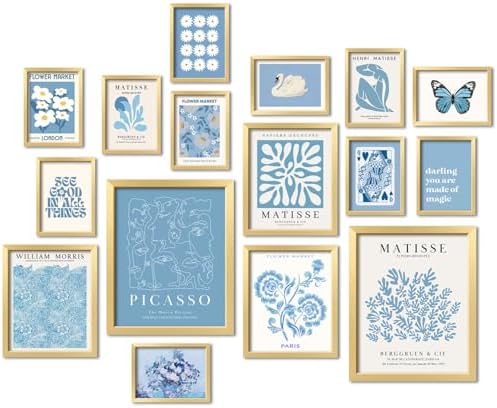 ANERZA 16 PCS Framed Blue Wall Art Decor, Matisse Wall Prints for Bedroom, Gallery Wall Frame Set, Minimalist Posters for Living Room Aesthetic, Collage Kit, Teen Girls Dorm Home Artwork by ANERZA