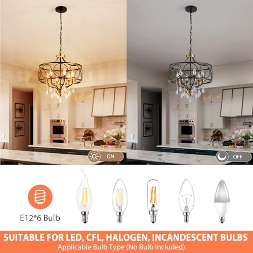 Crystal Chandeliers for Dining Room,17.7" Black and Gold 6 Lights Hanging Pendant Lighting Fixture Metal Farmhouse Chandelier for Kitchen Island Entryway Living Room - Image 4