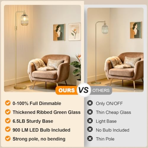 【Upgraded】 Dimmable Floor Lamp for Living Room with Amber Ribbed Glass Lampshade, Gold Modern Floor Lamp with 900LM LED Bulb Included, Arc Standing Tall Lamp for Bedroom, Office, Reading Room, Corner - Image 2