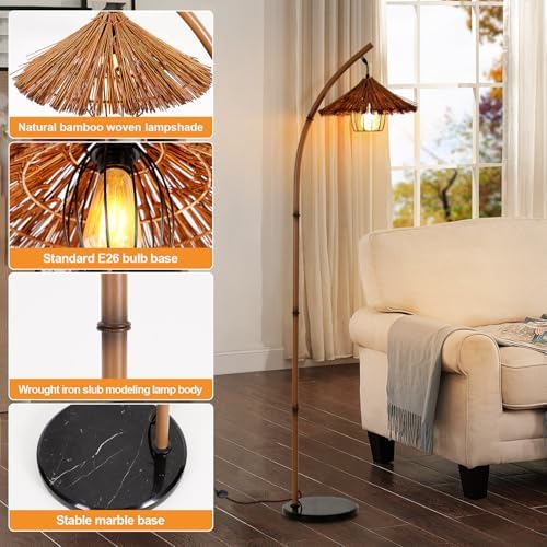 beaysyty Bamboo Floor lamp Mid Century Rattan Retro Floor lamp Bohemian,Arc Floor Lamps for Living Room Tall Reading Lamps Antique Rattan Style for Bedroom Dining Room Farmhouse Study (Brown) - Image 7