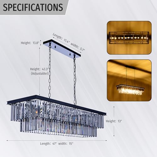 Wellmet Crystal Chandelier 47 inch, 11-Light Modern Smoke Grey Rectangular Crystal Chandelier Ceiling Hanging, Linear Chandeliers Light Fixture for Living Room, Dining Room, Bedroom, Kitchen Island - Image 4