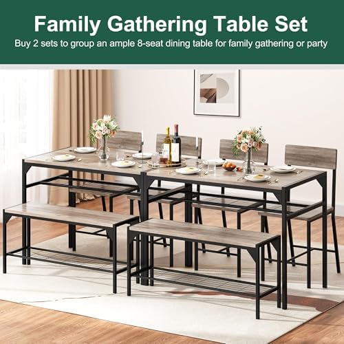 Shintenchi Dining Table Set for 4 with Bench and Chairs, Oak Gray - Image 6