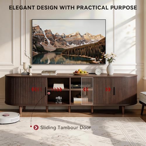 90" Mid Century Modern TV Stand with Power Outlet, Fluted Entertainment Center with Storage and Adjustable Shelves, Wood TV Console with Sliding Doors for Living Room, Walnut - Image 4