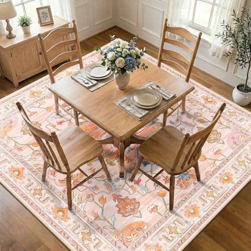 RELEANY Washable Area Rug, Square 7'x7', Pink/Light Pink/Colorful by RELEANY