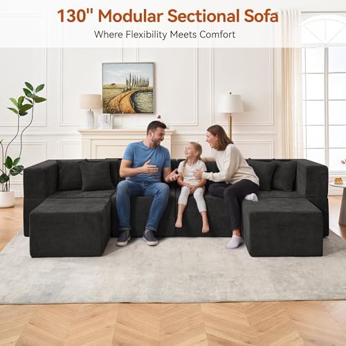 MONVANE 130'' Modular Sectional Cloud Couch for Living Room, 6 Seater Convertible Chenille Couches Set with Ottoman & Pillow, No Assembly Compression Sofas, Comfy Floor Sofa with Memory Foam, Black - Image 4