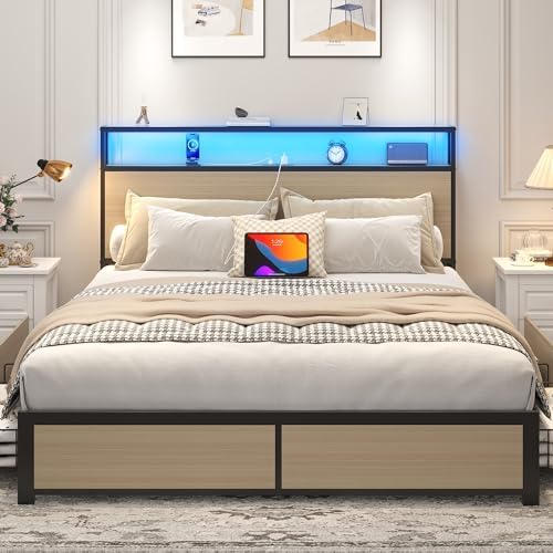 Lifezone Queen Bed Frame with 2-Tier Storage Headboard, Metal Platform Bed Frame with 4 Storage Drawers, Built in Charging Station & LED, Noise-Free/Metal Support/No Box Spring Needed, Beige - Image 3