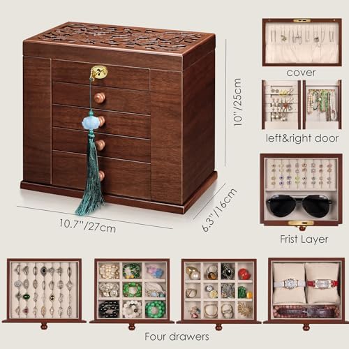 Wooden Jewelry Box Lockable, 8-Layer Large Wood Jewelry Organizer for Women - Image 5