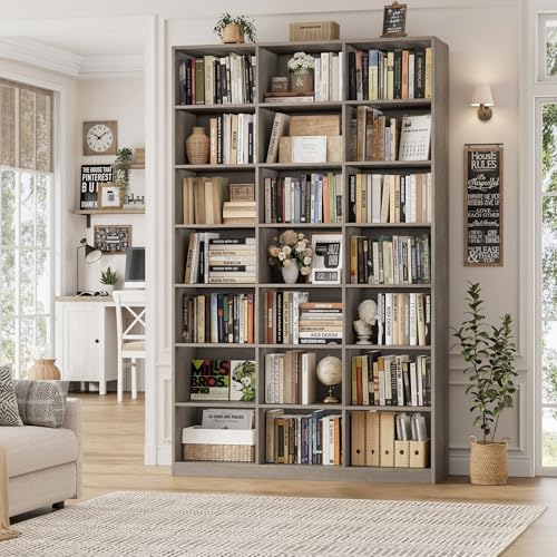 HOSTACK 86"H Triple Wide Bookshelf and Bookcase, 7 Tier Tall Bookshelf with Storage, Large Bookcase with 21 Open Display Storage Shelves, Wood Book Shelf Media CD DVD Storage for Living Room, Ash Gray - Image 2