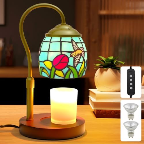 Candle Warmer Lamp with Timer Dimmer, Adjustable Height Candle Warmer for Jar Candles, Birthday Gifts for Women New Home Bedroom Decor Tiffany Hummingbird Style Stained Glass with 2 Bulbs by XIFEINIU