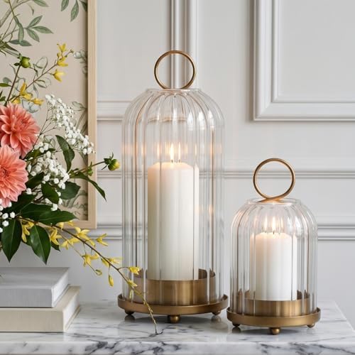 5" & 4" Metal Candle Holder with Ribbed Glass Candle Lanterns Set of 2, Vintage Windproof Hurricane Pillar Candle Holder, Decorative Table Centerpiece Patio Decor, Brass by Unknown
