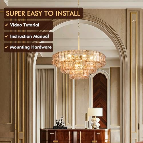 23in Large Chandelier Gold, Modern Dining Room Light Fixtures, 3 Layer Luxury Glass Chandelier 9 Light Chandeliers for Dining Room Kitchen Island Living Room (Gold) - Image 2