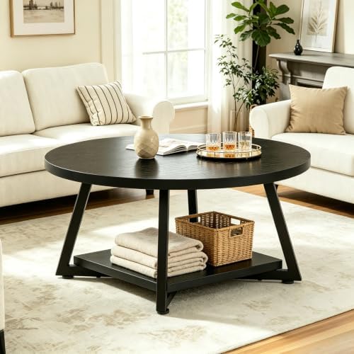 Coffee Tables for Living Room, 27.6" Round Coffee Table, Black Coffee Table - Image 2
