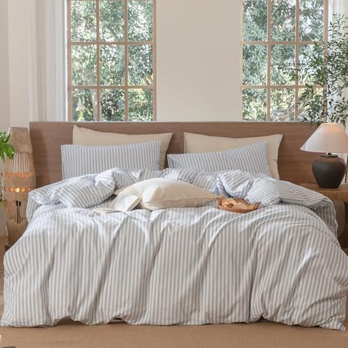 MooMee Striped Duvet Cover Set 100% Washed Cotton Linen Like Oversized King by MOOMEE