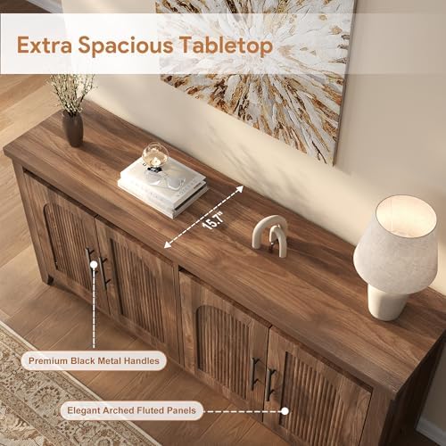 knoworld Modern Buffet Cabinet with Storage, 63" Fluted Sideboard Cabinet with Adjustable Shelves, Wood & Multi-Functional Coffee Bar Console for Kitchen Room, Bedroom, Living Room & Entryway Walnut - Image 4