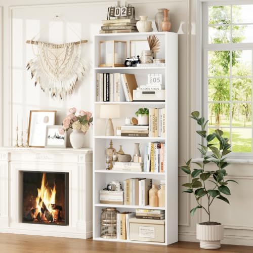 FOTOSOK 6 Tier Tall Bookshelf and Bookcase, Open Display Shelves, White 2PK - Image 4